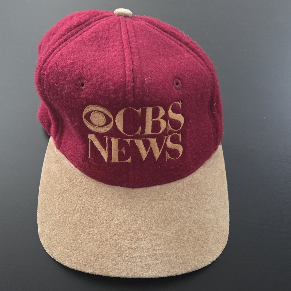 Vintage CBS News Baseball‎ Hat Red / Tan KC Caps Strapback OSFM 90s Soft Fabric